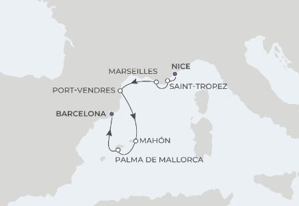 8-Night Nice To Barcelona 7/20/25 Itinerary Map